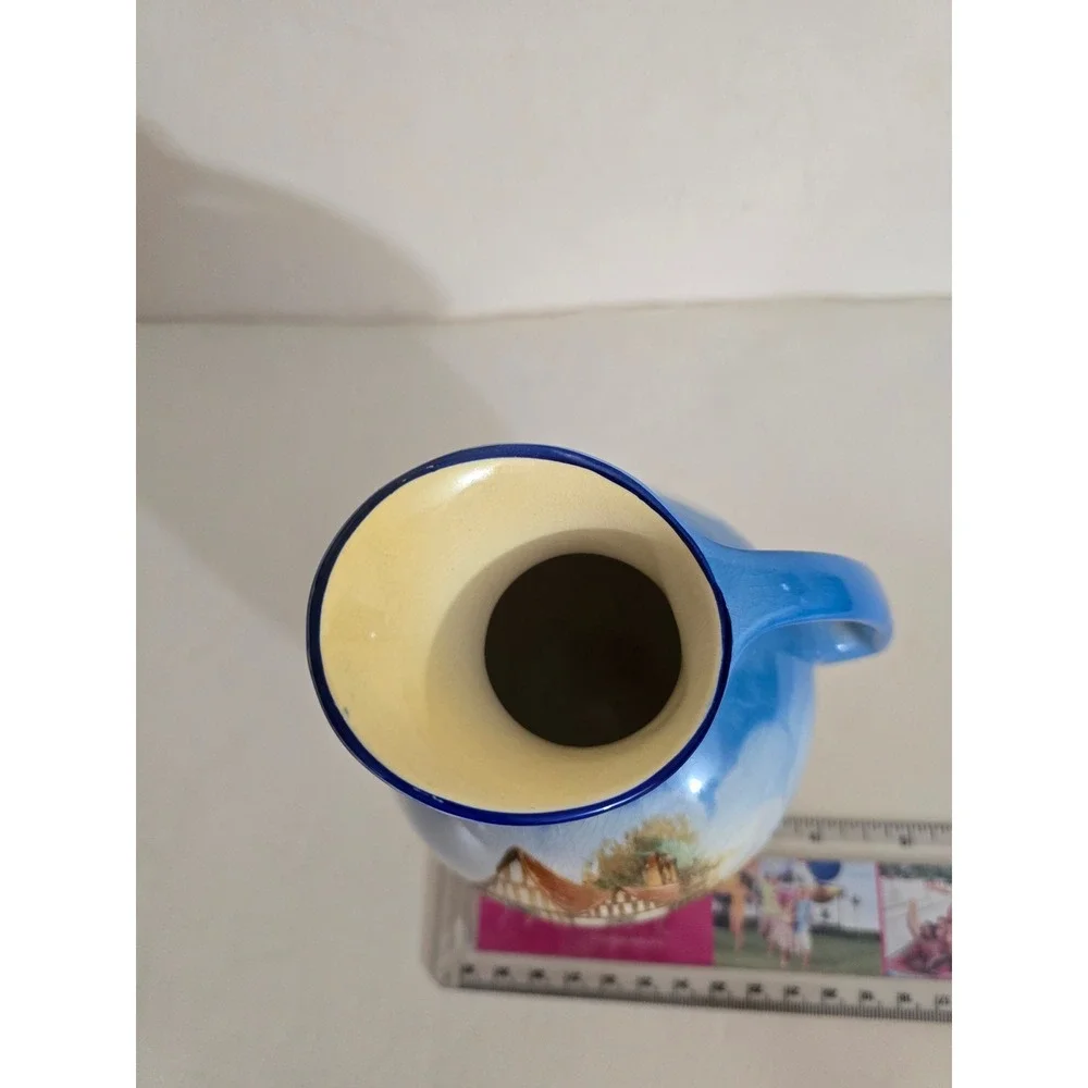 Vintage Falcon Ware England Cottage Scene Blue Ceramic Pitcher Jug 5030‎